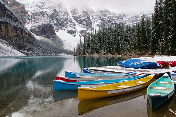 Boats on Moraine Lake, Valley of the Ten Peaks, Banff National Park, Alberta, Canada