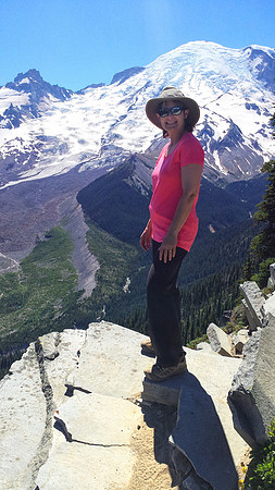 Sheryl at Emmons Glacier Overlook, Burroughs Mountain Trail, Mt. Rainier National Park, WA (2017)