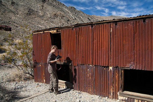 Sheryl at Leadfield Mine Shack, Titus Canyon, Death Valley National Park, CA (2014)