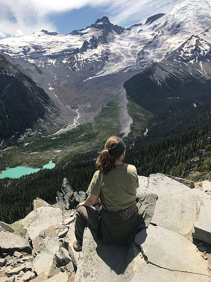 Sheryl at Emmons Glacier Overlook, Burroughs Mountain Trail, Mt. Rainier National Park, WA (2019)