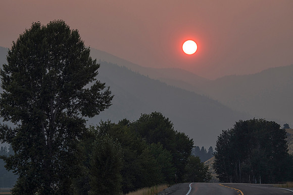 Setting Sun, Wildfire Smoke, Near Winthrop, North Cascades National Park, WA