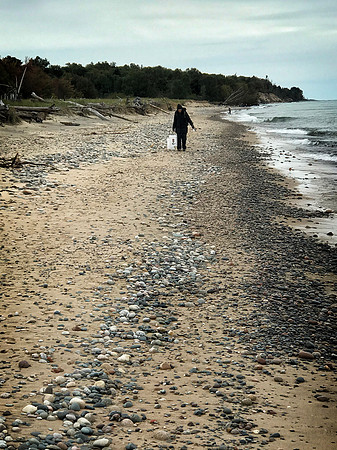Sheryl Rockhounding at Lake Superior at Muskallonge Lake State Park, MI (2020)