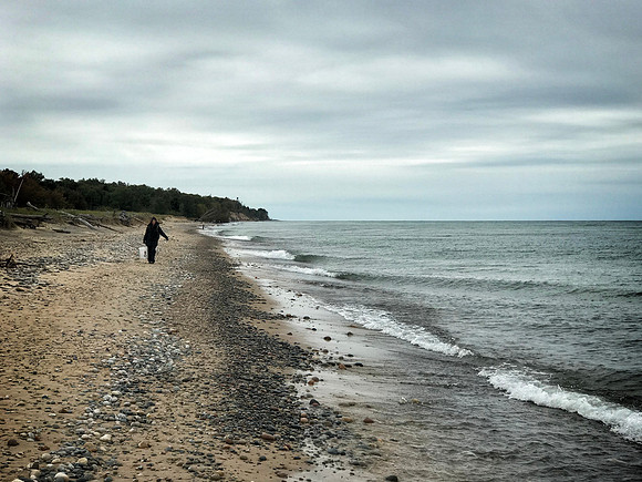 Sheryl Rockhounding at Lake Superior at Muskallonge Lake State Park, MI (2020)